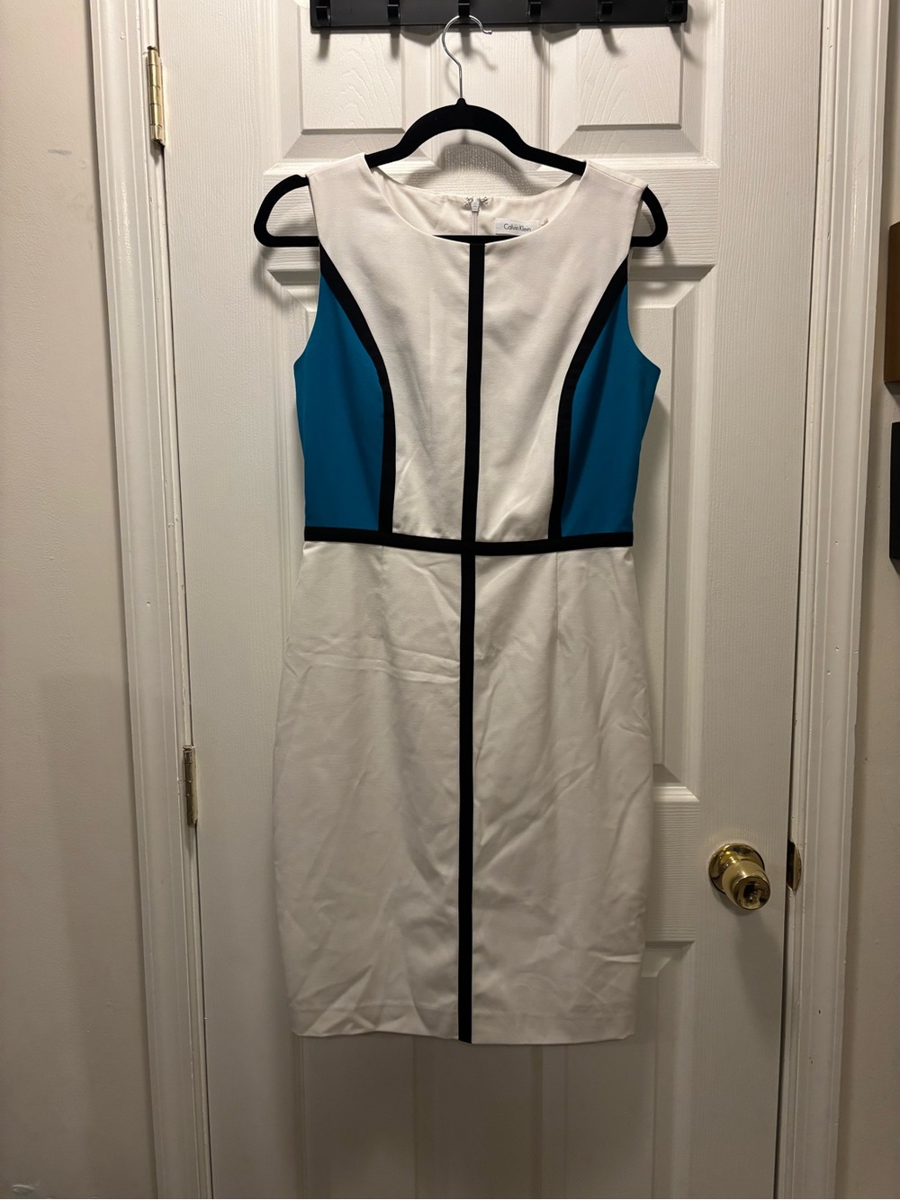 Calvin Klein White Sheath Dress with Teal Panels and Black Trim